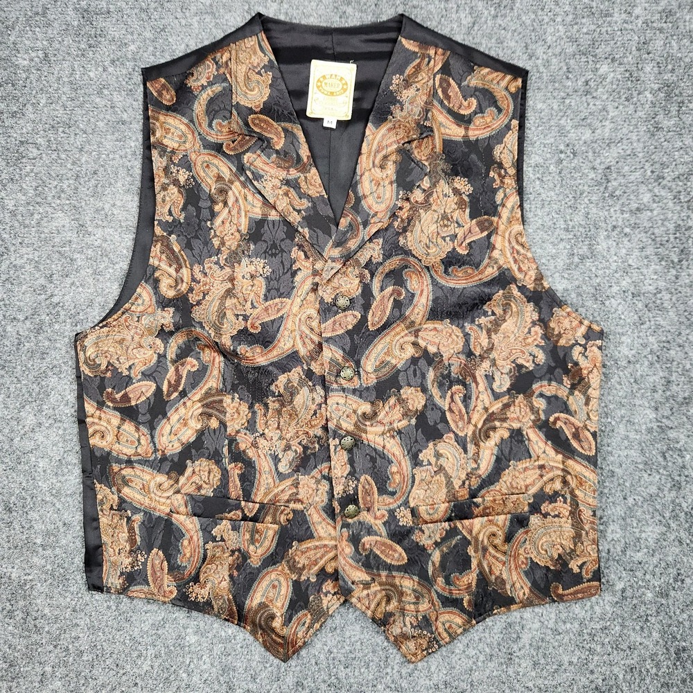 Wah Maker Vest Mens Medium Black Gold Paisley Western Frontier Dress Cowboy‎